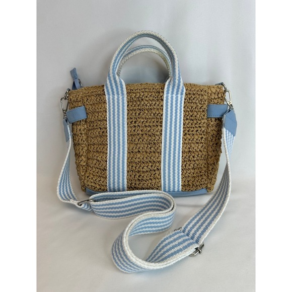 Antik Kraft Straw Canvas Purse Tote‎ Bag Summer Spring Top Handle Crossbody Blue - Picture 11 of 12